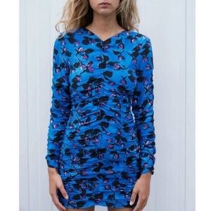 ZARA Blue Floral Ruched Bodycon Mini Dress NWT